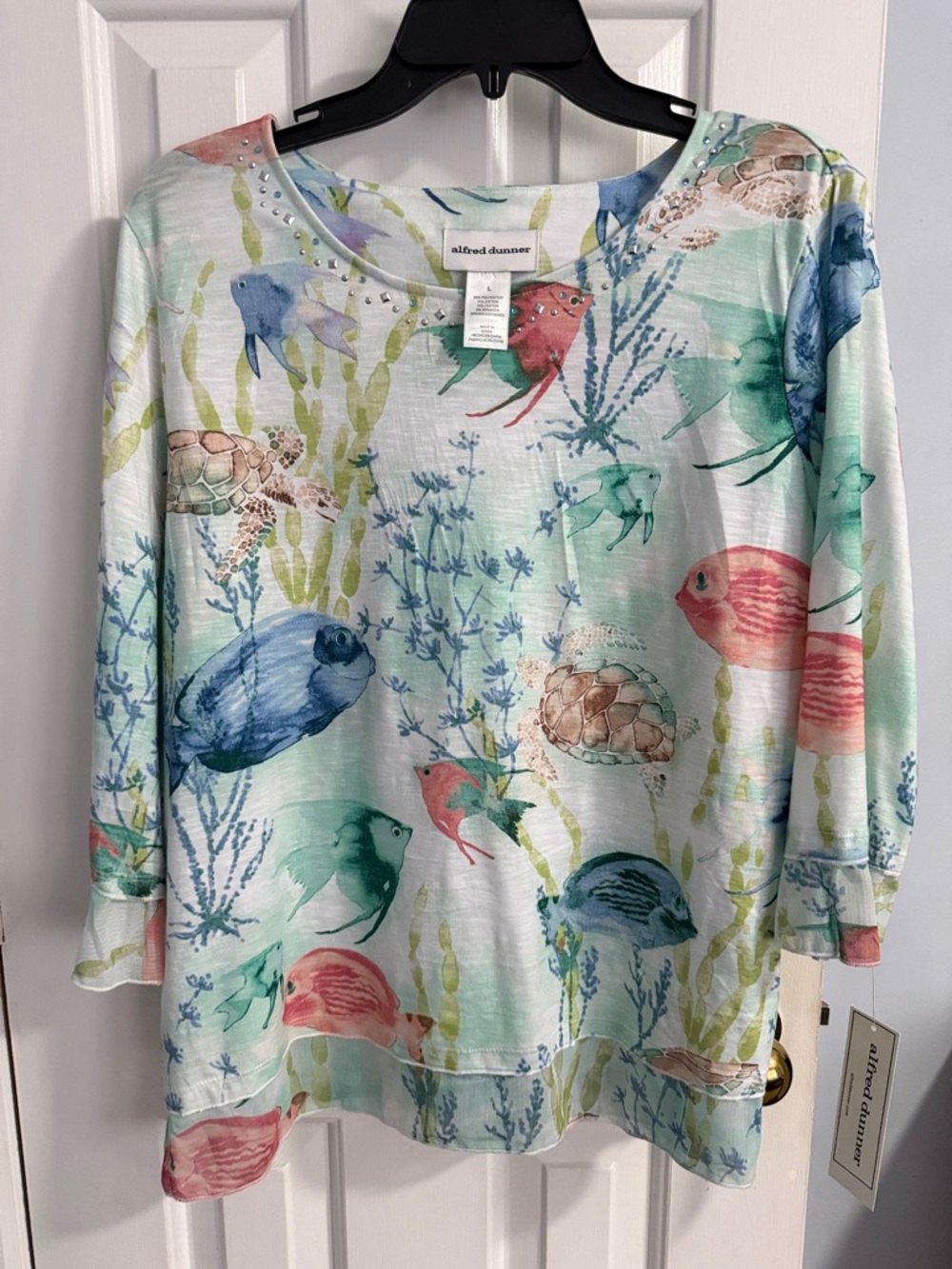 Alfred Dunner Pastel Sea Life Scoop Neck Top - Aqua, Coral, Teal, Blue